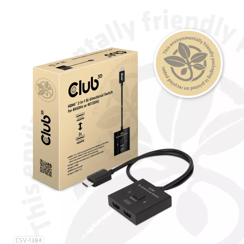 CLUB3D HDMI Switch bidirecional 2-em-1 8K60Hz 4K120Hz CSV-1384