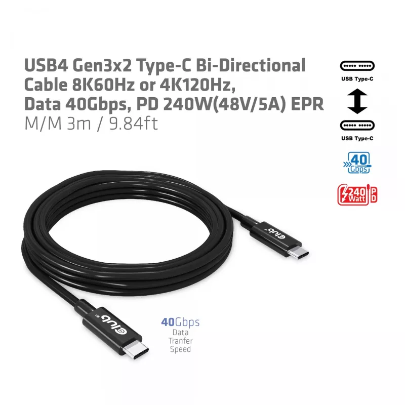 CLUB3D Cabo USB4 Gen3x2 Type-C bidirecional 8K60Hz ou 4K120Hz, dados 40Gbps, PD 240W(48V/5A) EPR M/M 3m / 9.84ft
