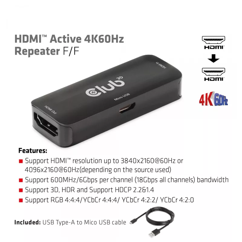CLUB3D Repetidor HDMI Ativo 4K60Hz F/F