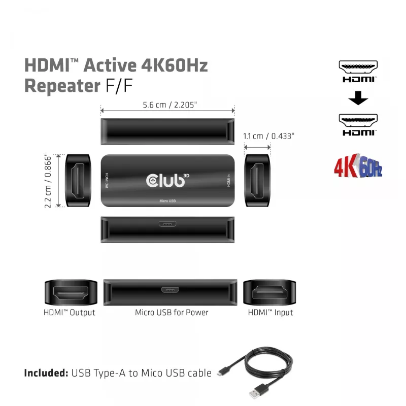 CLUB3D Repetidor HDMI Ativo 4K60Hz F/F