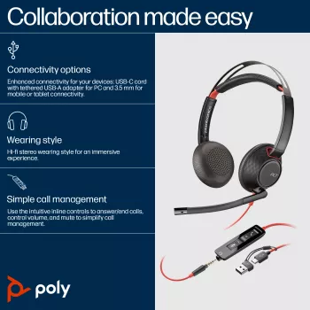 HP Poly Blackwire 5220 headset estéreo USB-C + ficha jack 3,5 mm + adaptador USB-C/A