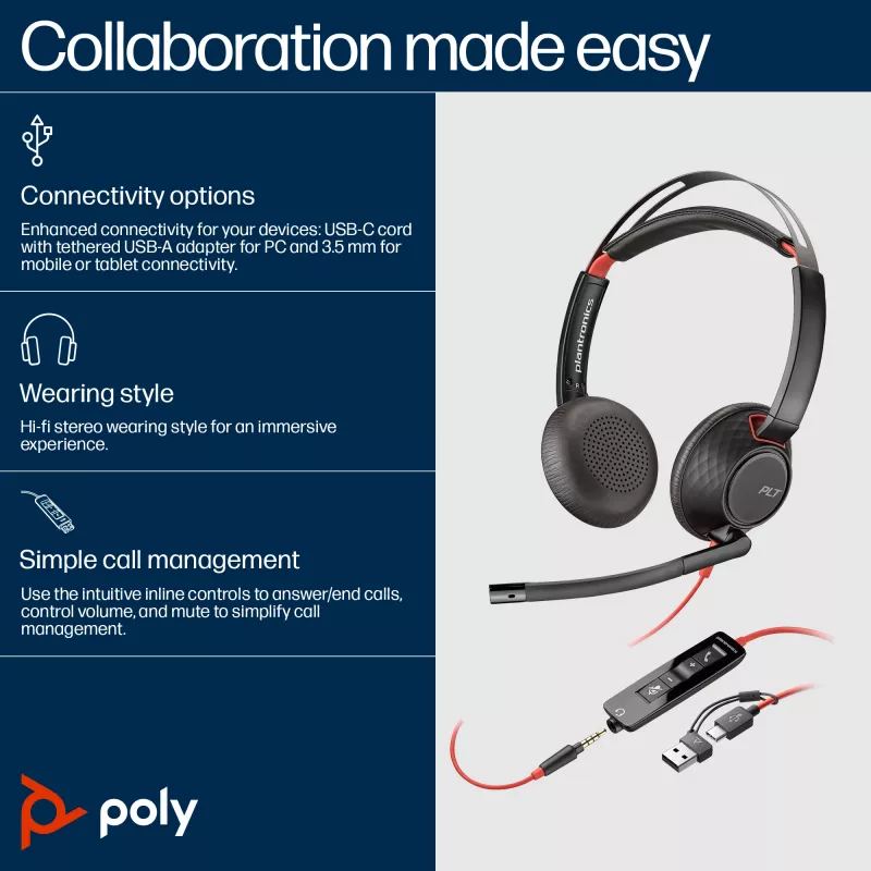 HP Poly Blackwire 5220 headset estéreo USB-C + ficha jack 3,5 mm + adaptador USB-C/A