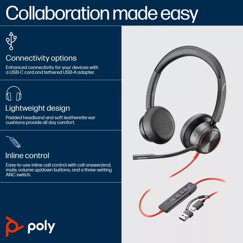 HP Poly Blackwire 8225 headset estéreo USB-C certificado Microsoft Teams + adaptador USB-C/A