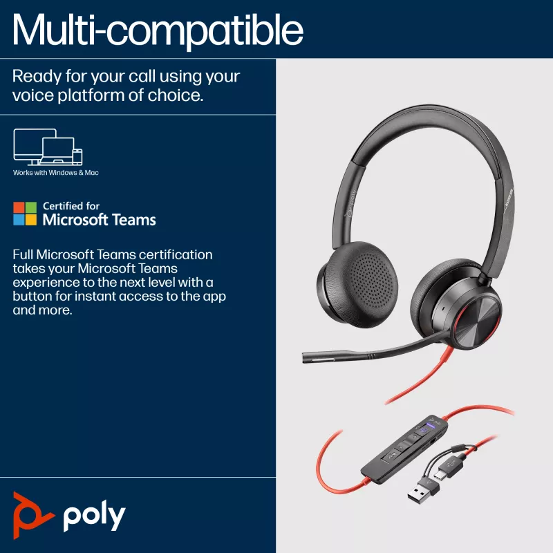 HP Poly Blackwire 8225 headset estéreo USB-C certificado Microsoft Teams + adaptador USB-C/A