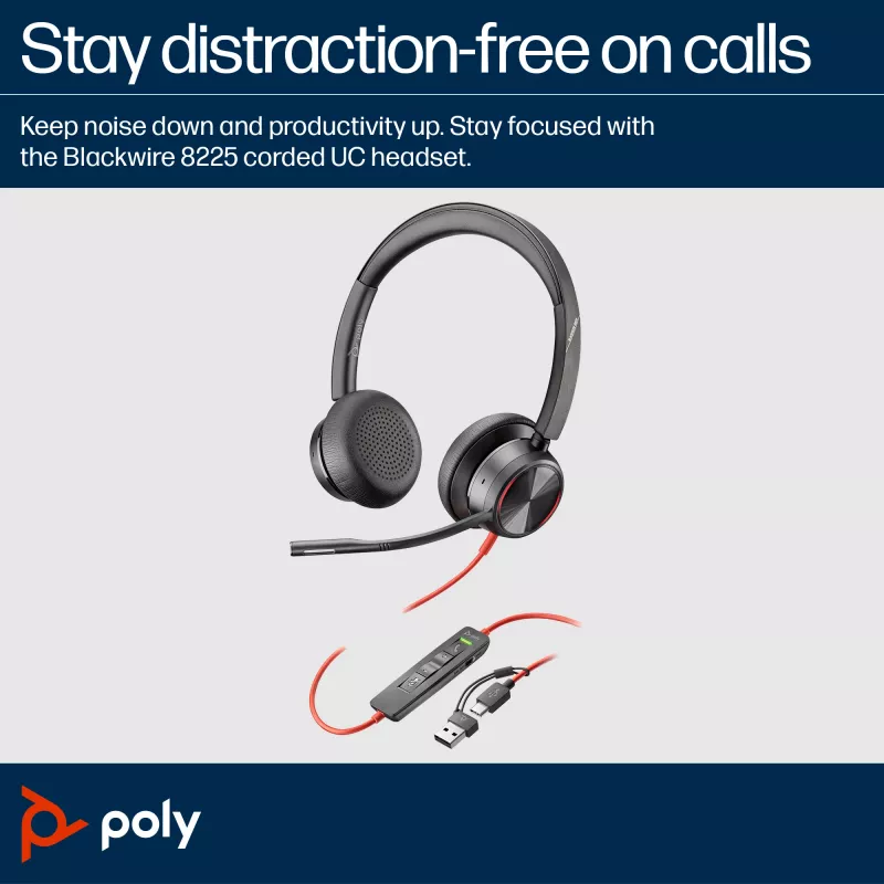 HP Poly Blackwire 8225 headset estéreo USB-C certificado Microsoft Teams + adaptador USB-C/A