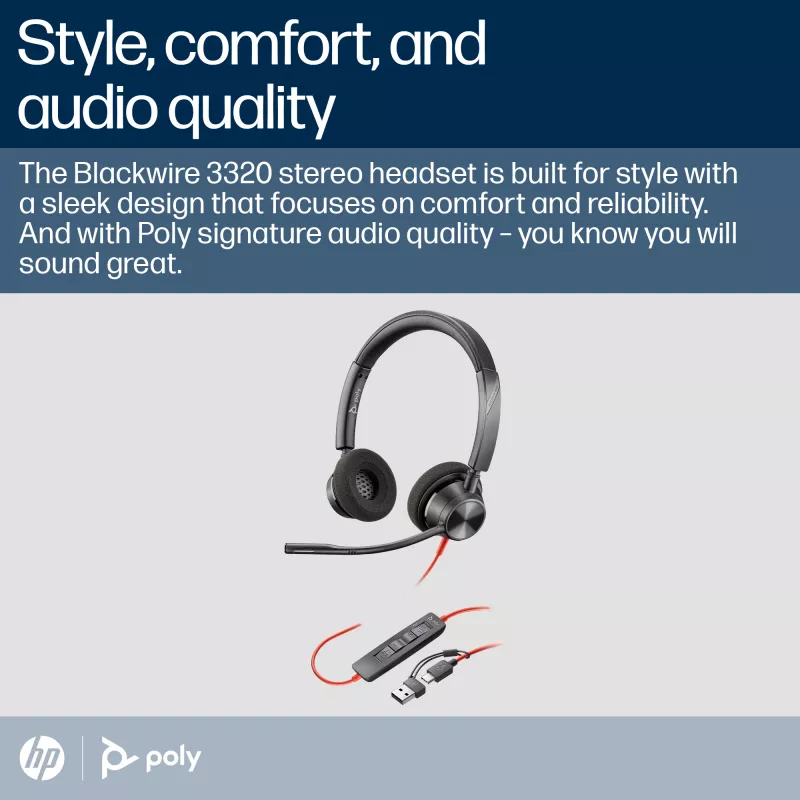 HP Poly Blackwire 3320 headset estéreo USB-C certificado Microsoft Teams + adaptador USB-C/A
