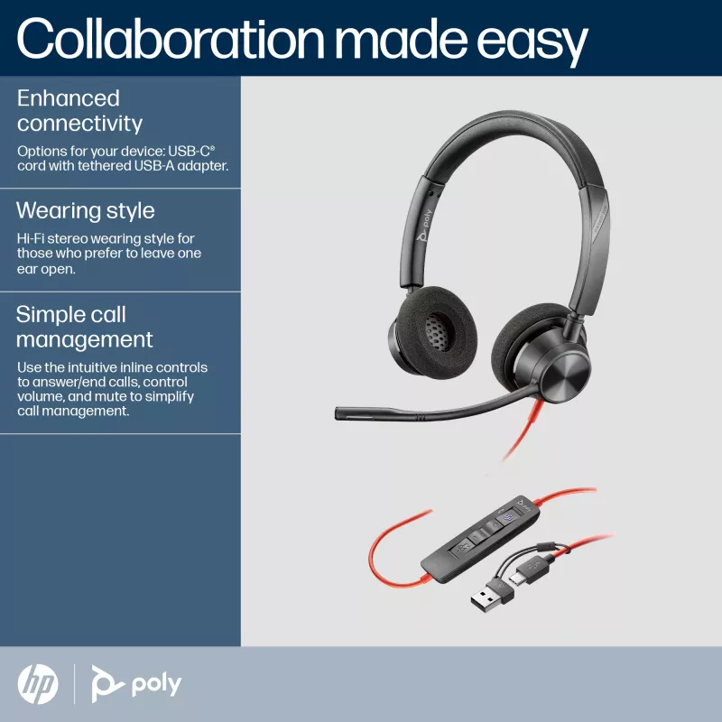 HP Poly Blackwire 3320 headset estéreo USB-C certificado Microsoft Teams + adaptador USB-C/A