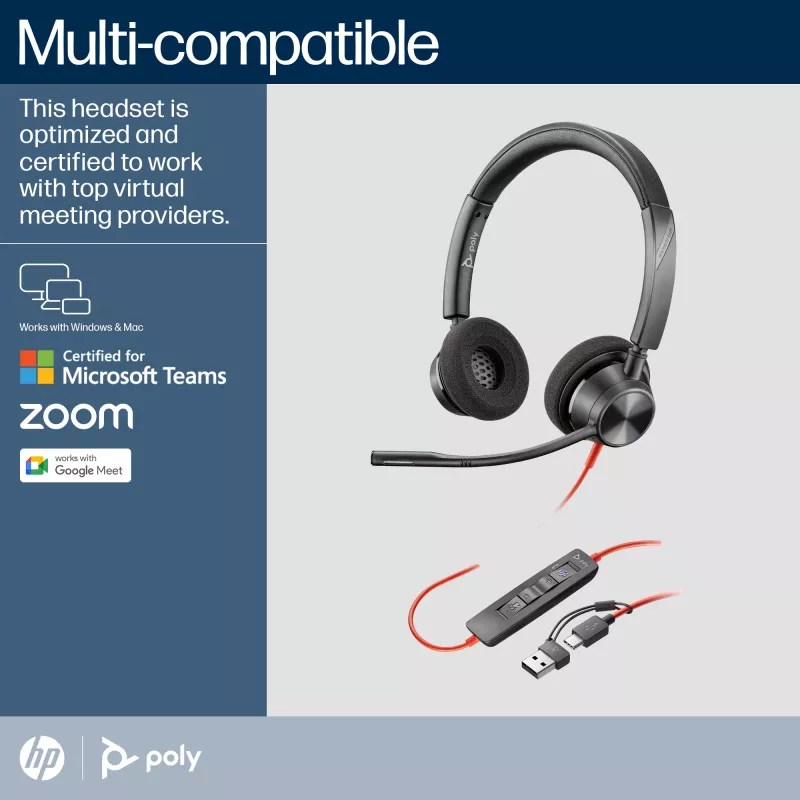 HP Poly Blackwire 3320 headset estéreo USB-C certificado Microsoft Teams + adaptador USB-C/A