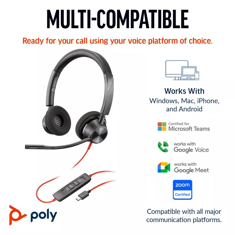 HP Poly Blackwire 3320 headset estéreo USB-C certificado Microsoft Teams + adaptador USB-C/A