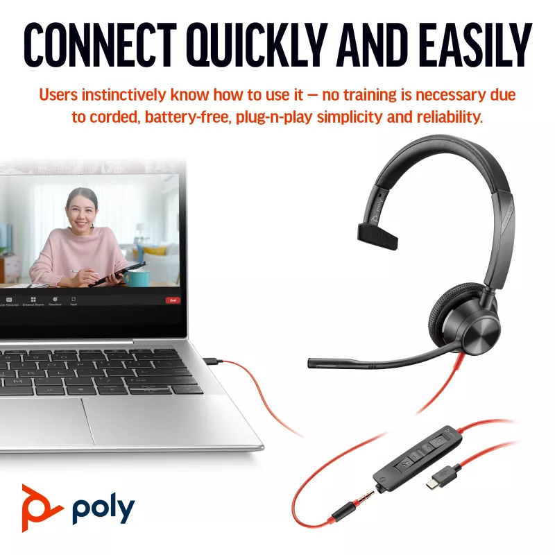 HP Poly Blackwire 3315 headset mono USB-C + ficha 3,5 mm + adaptador USB-C/A