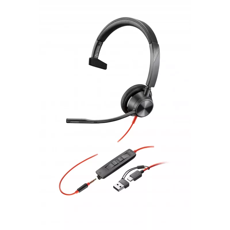 HP Poly Blackwire 3315 headset mono USB-C + ficha 3,5 mm + adaptador USB-C/A