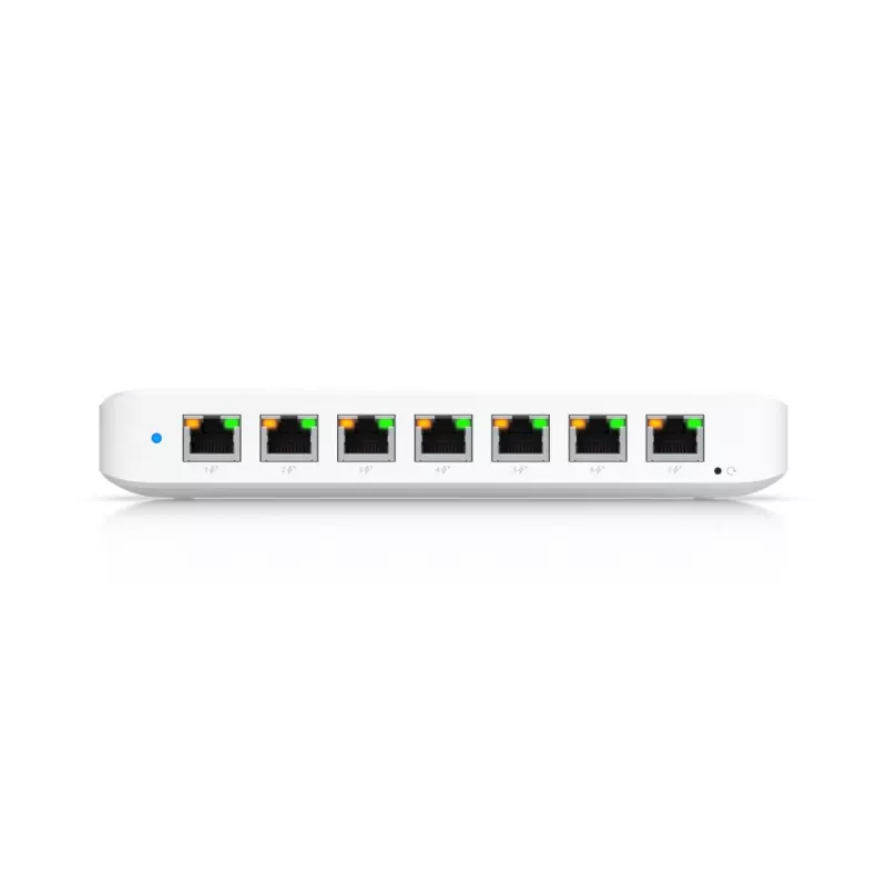 Switch gerido UBIQUITI USW-Ultra L2, 8x portas Gigabit PoE, 7 PoE, orçamento 42 W, DC/PoE, comutação 16 Gbit/s