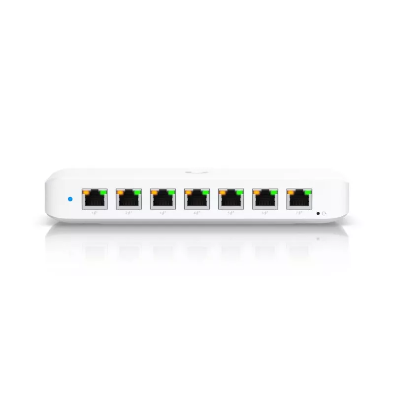 Switch gerido UBIQUITI USW-Ultra L2, 8x portas Gigabit PoE, 7 PoE, orçamento 42 W, DC/PoE, comutação 16 Gbit/s