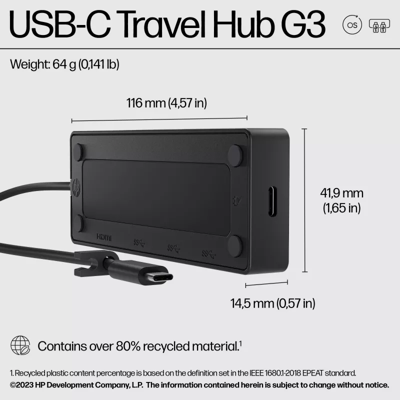 HP USB-C Travel Hub G3, USB 3.2 Gen 2 (3.1 Gen 2) Type-C, 65 W, 60 Hz, HDMI, USB 3.2 Gen 2 (3.1 Gen 2) Type-A, USB 3.2 Gen 2 (3.1 Gen 2) Type-C, Vietname, Home