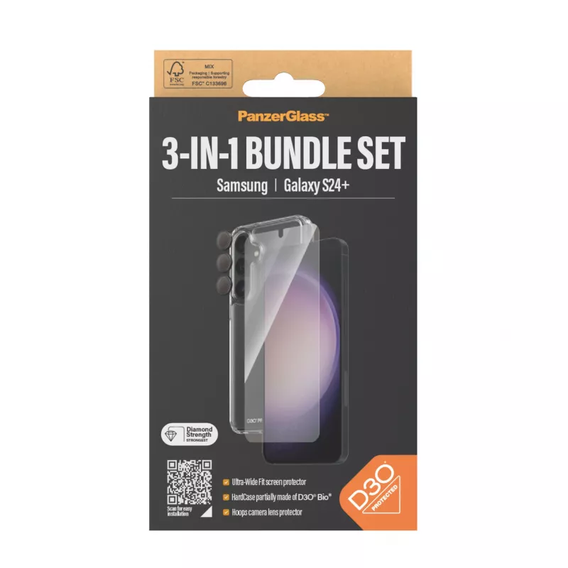 Pacote de proteção 3-em-1 PanzerGlass ® Samsung Galaxy S24+ | Ultra-Wide Fit com EasyAligner