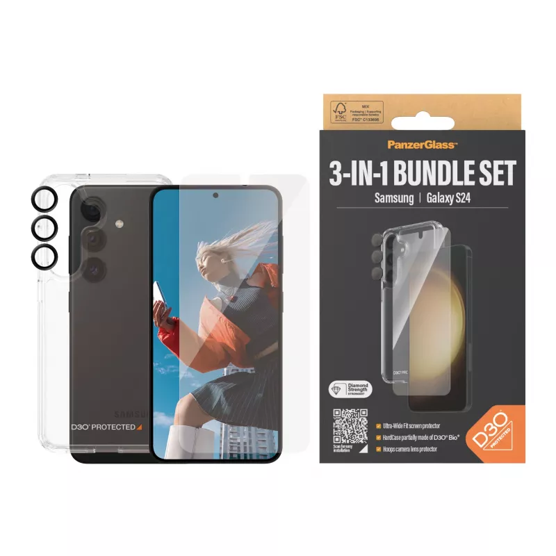 Pacote de proteção 3-em-1 PanzerGlass Samsung Galaxy S24 Ultra Wide Fit resistente a riscos e choques
