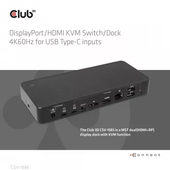 CLUB3D DisplayPort/HDMI KVM switch/dock 4K60Hz para entradas USB Type-C