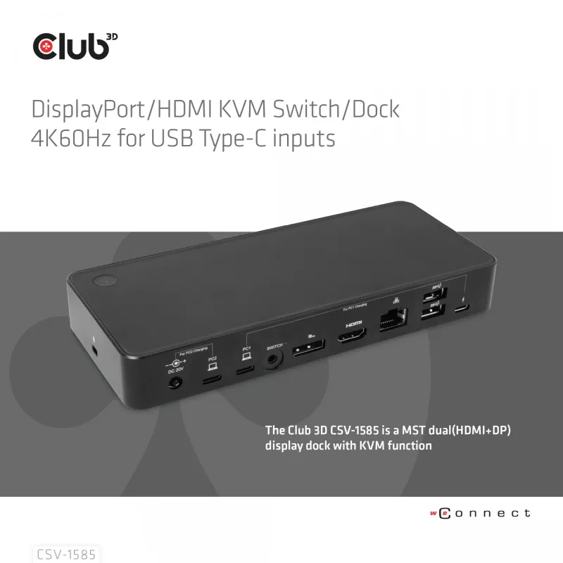 CLUB3D DisplayPort/HDMI KVM switch/dock 4K60Hz para entradas USB Type-C