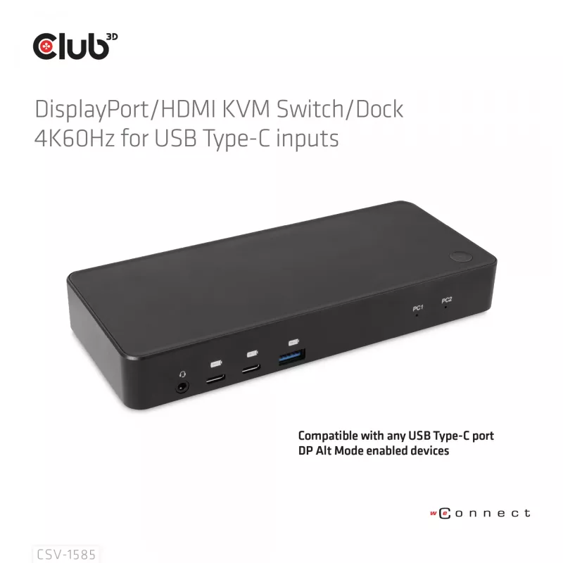 CLUB3D DisplayPort/HDMI KVM switch/dock 4K60Hz para entradas USB Type-C