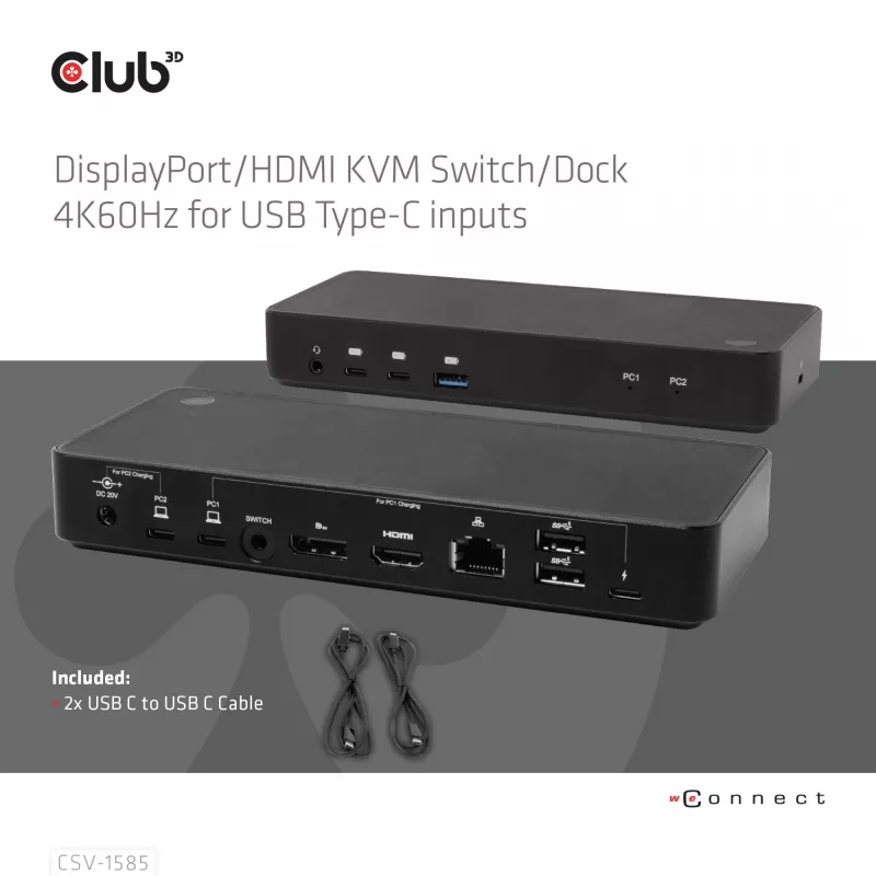 CLUB3D DisplayPort/HDMI KVM switch/dock 4K60Hz para entradas USB Type-C