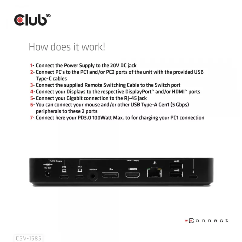 CLUB3D DisplayPort/HDMI KVM switch/dock 4K60Hz para entradas USB Type-C