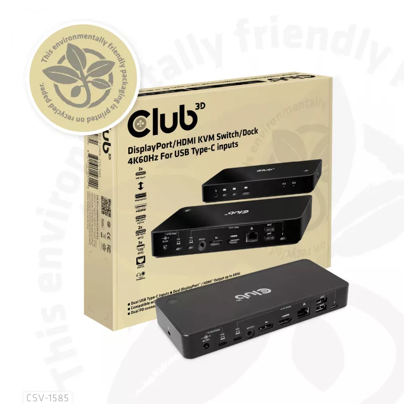 CLUB3D DisplayPort/HDMI KVM switch/dock 4K60Hz para entradas USB Type-C