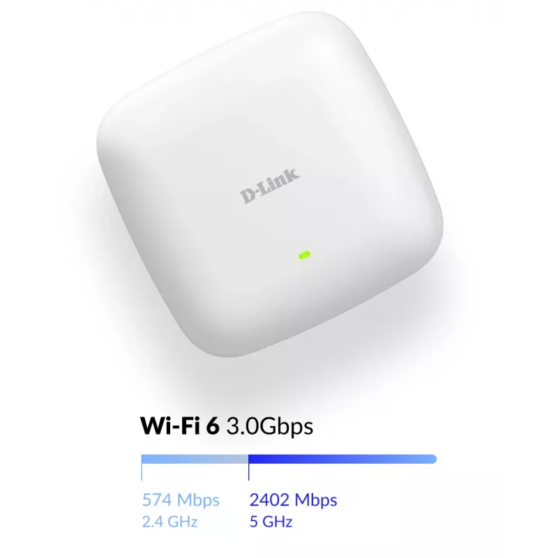 D-Link AX3000 ponto de acesso Wi-Fi 6 dual-band PoE, 2.4 GHz, 5 GHz, 3000 Mbit/s, SNMP, SNMPv2, SNMPv3, WEP, WPA, WPA2, WPA3, 10,100,1000,2500 Mbit/s