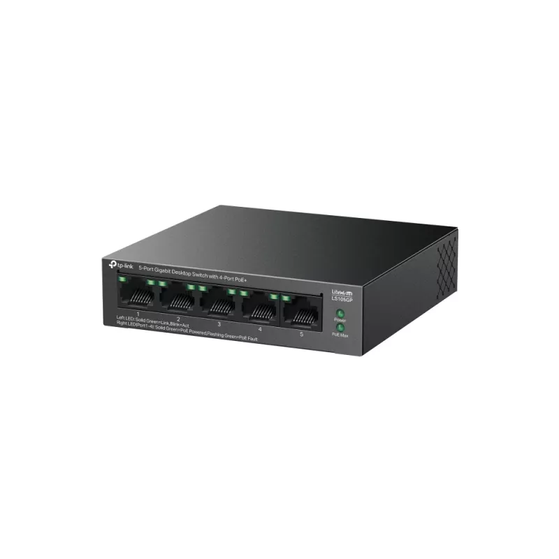 Switch de secretária TP-LINK LiteWave 5 portas Gigabit com 4 portas PoE+ (5x Gigabit, 4 PoE+, 65 W orçamento PoE)