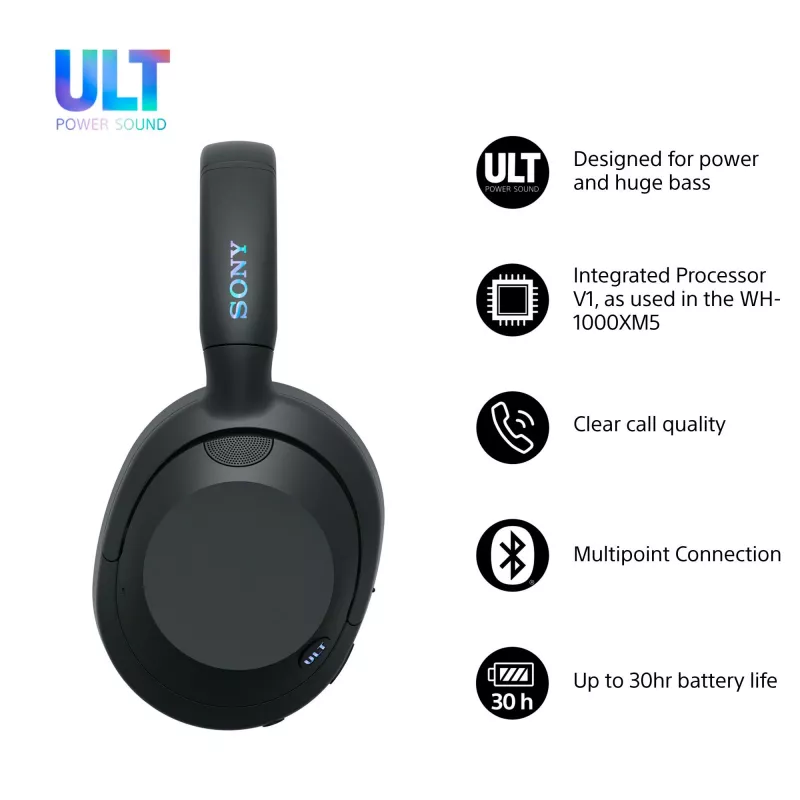 Headset Sony ULT WEAR monaural USB/Bluetooth 5.2, ANC, bateria 30–50 h, 3,5 mm, carregamento USB‑C, 255 g