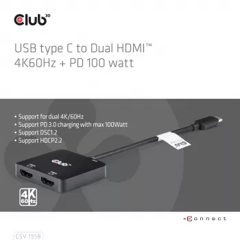 Hub CLUB3D USB-C® para HDMI™ duplo 4K60Hz M/F+PD3.0 100 W