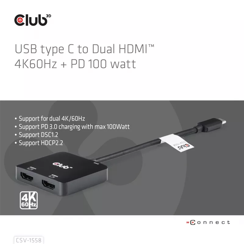 Hub CLUB3D USB-C® para HDMI™ duplo 4K60Hz M/F+PD3.0 100 W