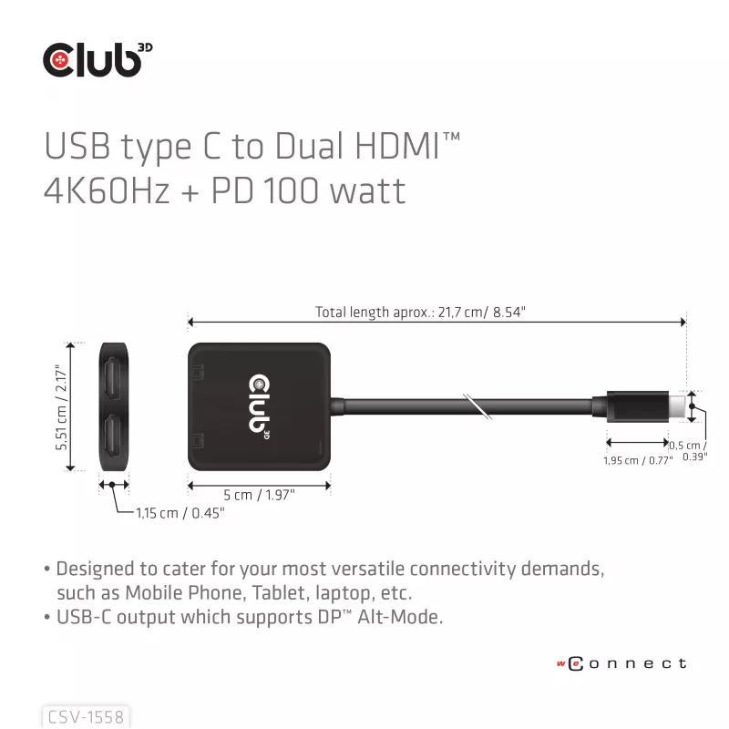 Hub CLUB3D USB-C® para HDMI™ duplo 4K60Hz M/F+PD3.0 100 W