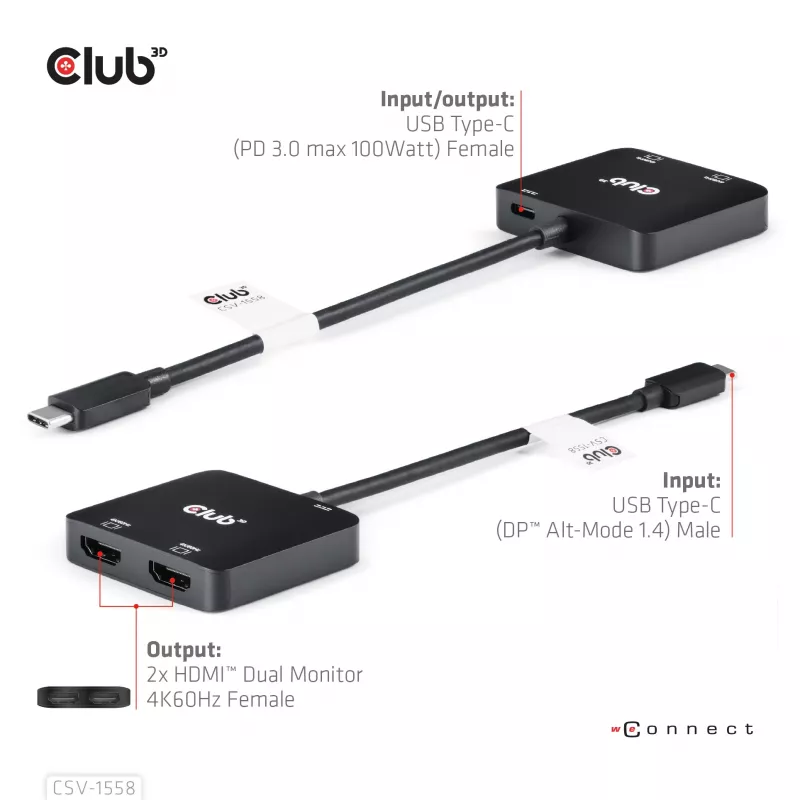 Hub CLUB3D USB-C® para HDMI™ duplo 4K60Hz M/F+PD3.0 100 W