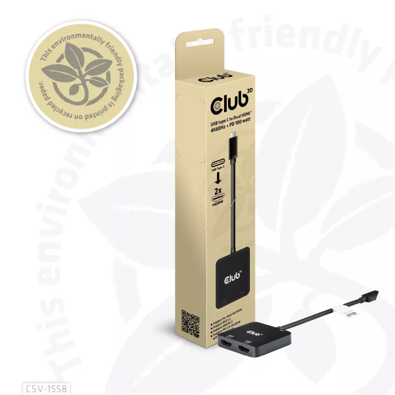 Hub CLUB3D USB-C® para HDMI™ duplo 4K60Hz M/F+PD3.0 100 W