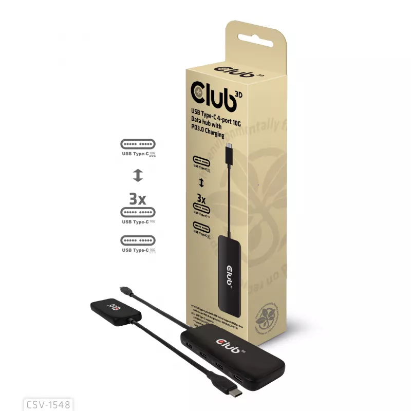 Club3D CSV-1548 hub USB-C, 4x USB-C 10 Gbps, 100W PD, preto