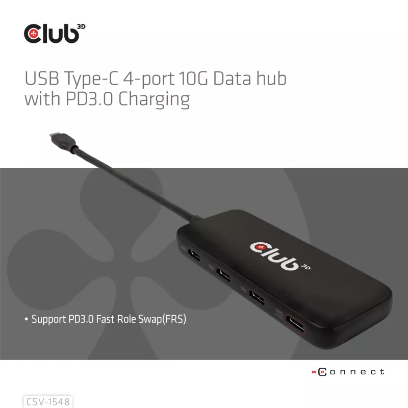 Club3D CSV-1548 hub USB-C, 4x USB-C 10 Gbps, 100W PD, preto