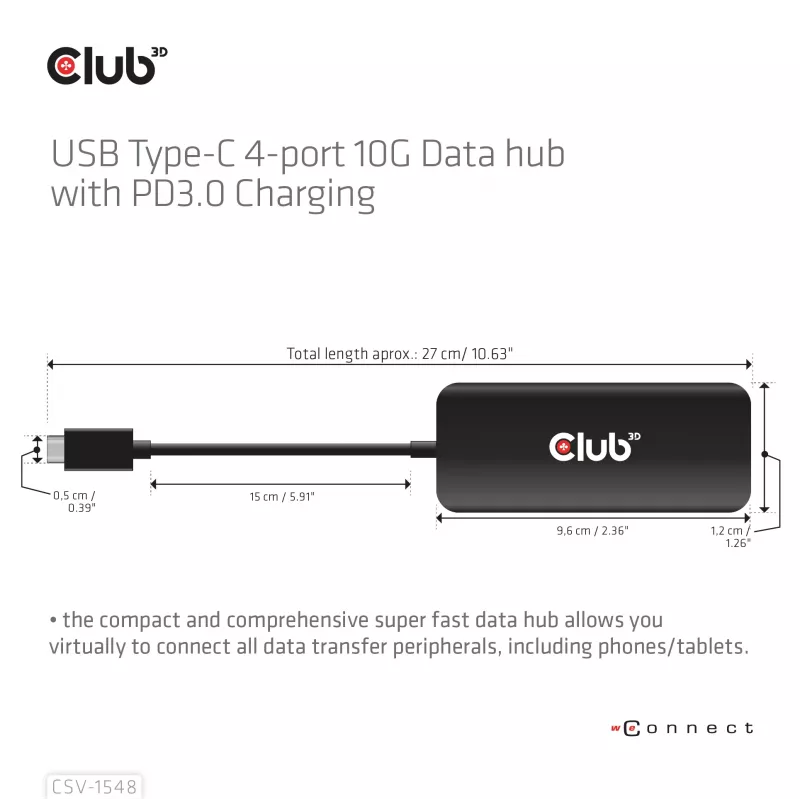 Club3D CSV-1548 hub USB-C, 4x USB-C 10 Gbps, 100W PD, preto