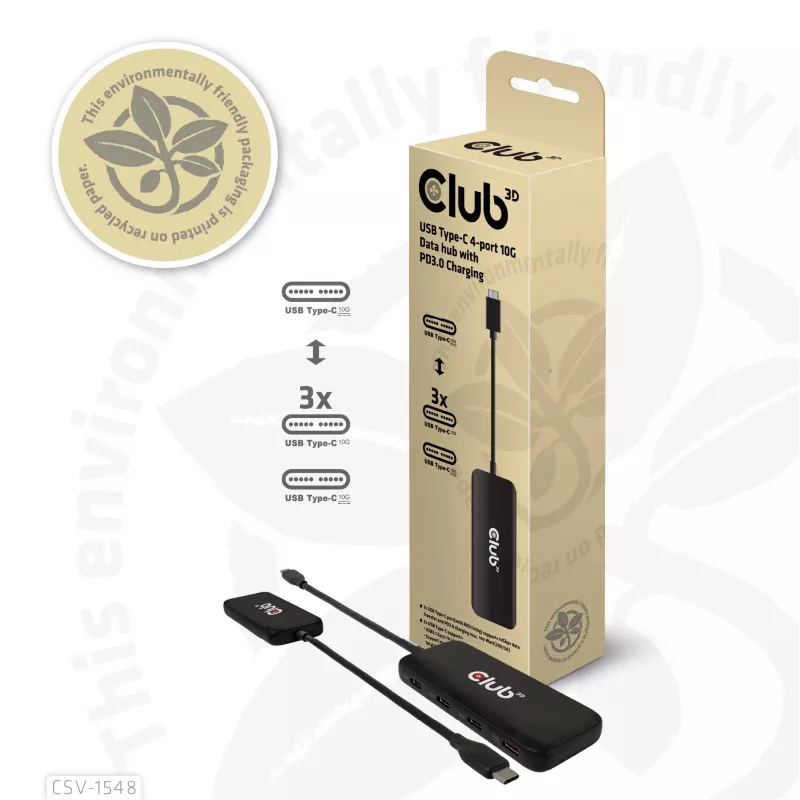 Club3D CSV-1548 hub USB-C, 4x USB-C 10 Gbps, 100W PD, preto