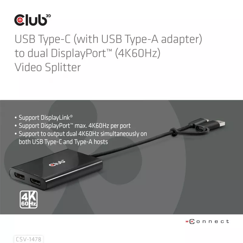 Divisor de vídeo Club 3D CSV-1478 USB Type-C (com adaptador USB-A) para DisplayPort duplo 4K60Hz, preto