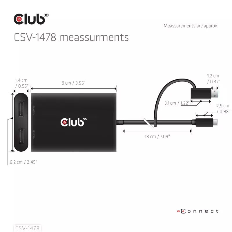 Divisor de vídeo Club 3D CSV-1478 USB Type-C (com adaptador USB-A) para DisplayPort duplo 4K60Hz, preto