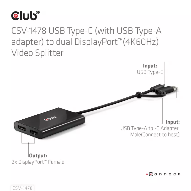 Divisor de vídeo Club 3D CSV-1478 USB Type-C (com adaptador USB-A) para DisplayPort duplo 4K60Hz, preto