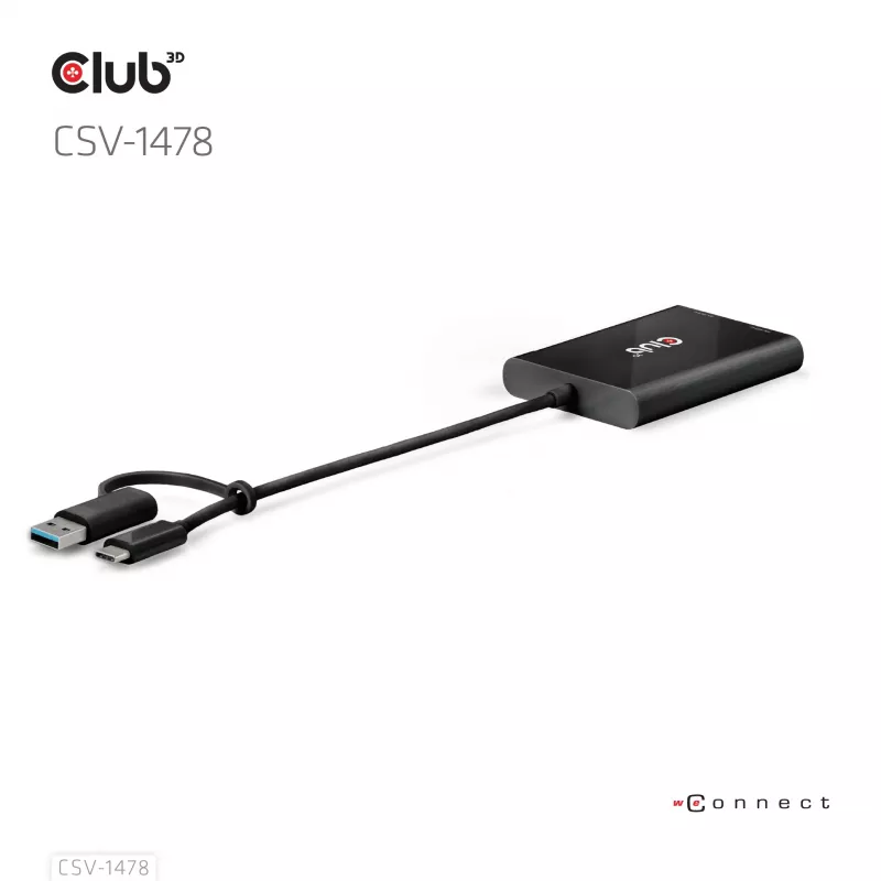 Divisor de vídeo Club 3D CSV-1478 USB Type-C (com adaptador USB-A) para DisplayPort duplo 4K60Hz, preto