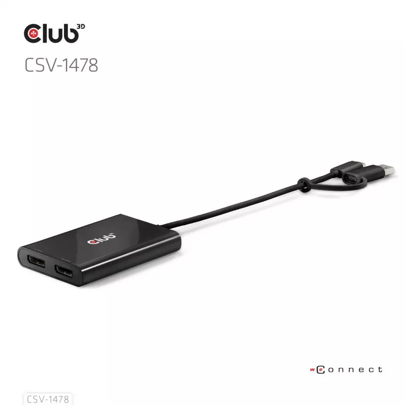 Divisor de vídeo Club 3D CSV-1478 USB Type-C (com adaptador USB-A) para DisplayPort duplo 4K60Hz, preto
