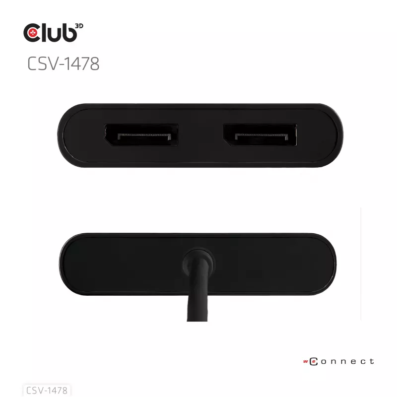 Divisor de vídeo Club 3D CSV-1478 USB Type-C (com adaptador USB-A) para DisplayPort duplo 4K60Hz, preto