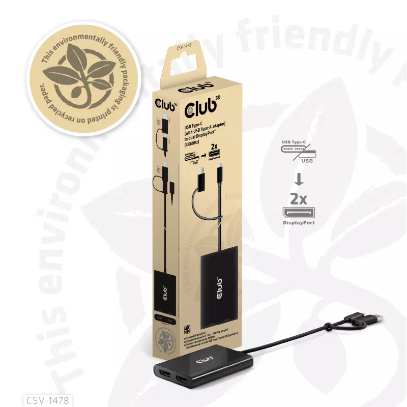 Divisor de vídeo Club 3D CSV-1478 USB Type-C (com adaptador USB-A) para DisplayPort duplo 4K60Hz, preto