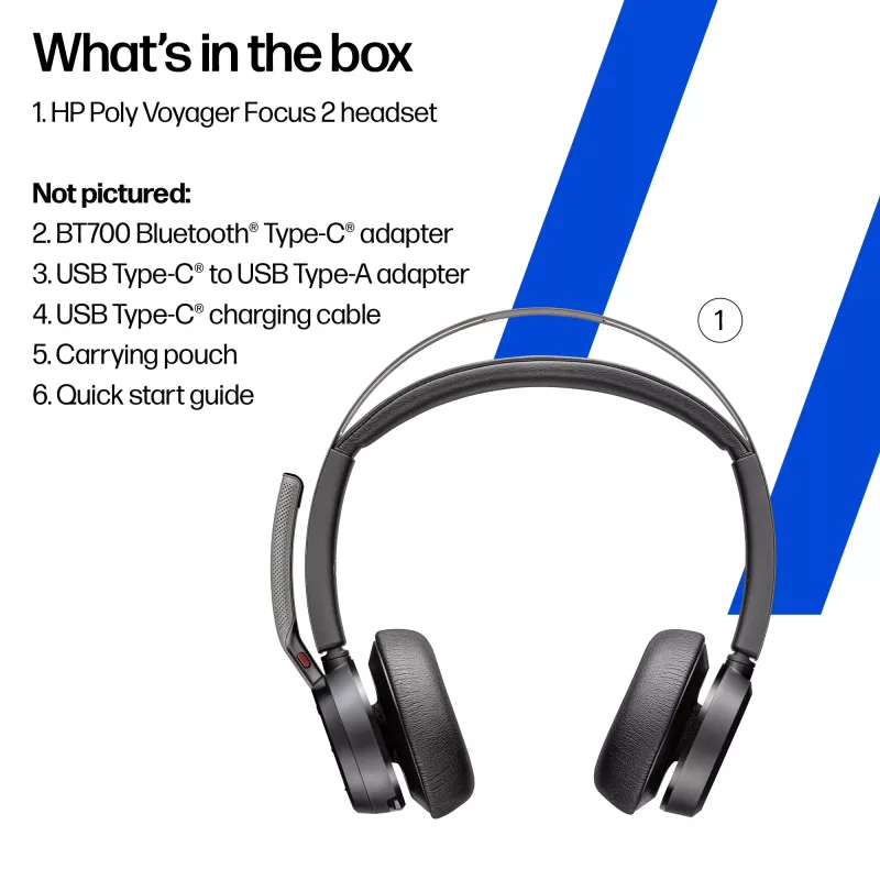 HP Poly Voyager Focus 2 auscultadores USB-C-C + adaptador USB-C/A