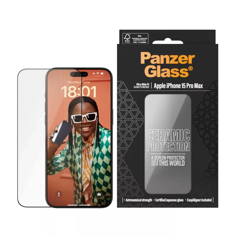 PanzerGlass ® Ceramic Protection para iPhone 15 Pro Max | Ultra-Wide Fit com EasyAligner