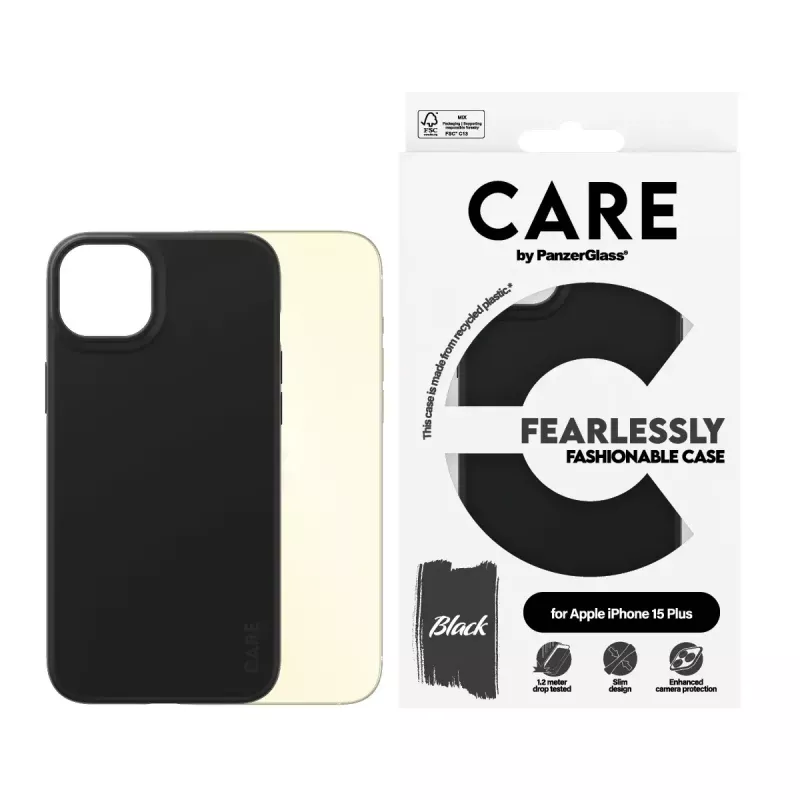 Capa PanzerGlass CARE by capa elegante preto iPhone 15 Plus transparente