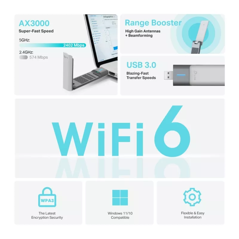 Adaptador USB sem fios TP-Link Archer AX3000 (Archer TX50UH) – Wi‑Fi 6 dual-band, USB 3.2 Gen1, até 3000 Mbps, antena interna, Windows 11