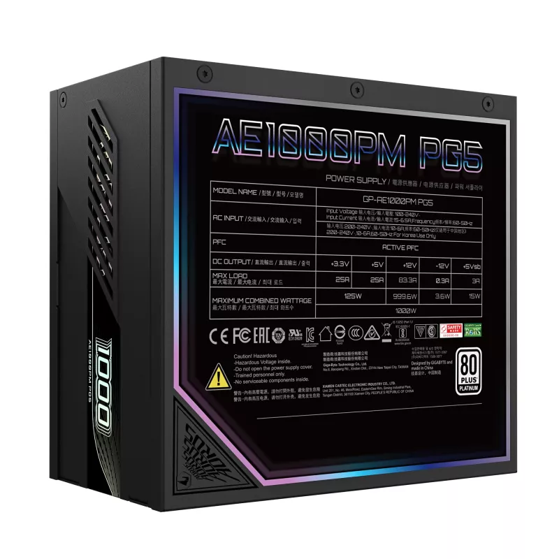 Fonte de alimentação GIGABYTE AORUS ELITE P1000W ICE - PCIe 5.0, 80 PLUS Platinum, design totalmente modular, ventoinha de 120 mm, compatível com ATX 3.0, ficha EU